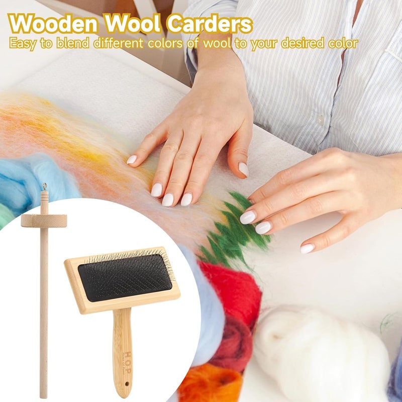 Varku 2PCS Wool Carders with Drop Spindle Set, Hand Carders Wool Needle Felting Brush, Drop Spindle Maple Top Whorl Spinning Smooth Finish, for Craft Felt Project - Image 2